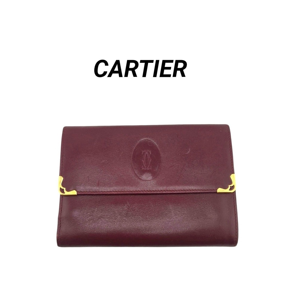 Cartier Must de Cartier Burgundy Leather Trifold Wallet Gold Tone Corners